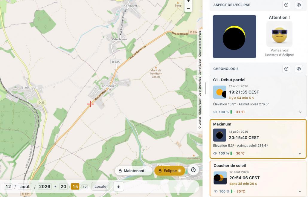 Une carte pour de l'observation de l'éclipse solaire à Tromborn: les horaires, la météo et la visibilité du Soleil !
